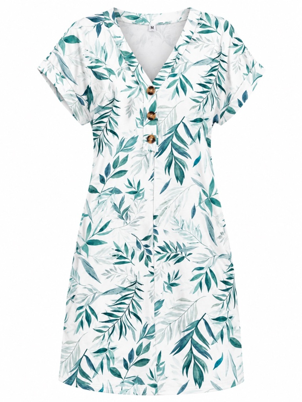New - Women’s Tropical Green Leaf Print V Neck Button Shift Dress | Size Medium